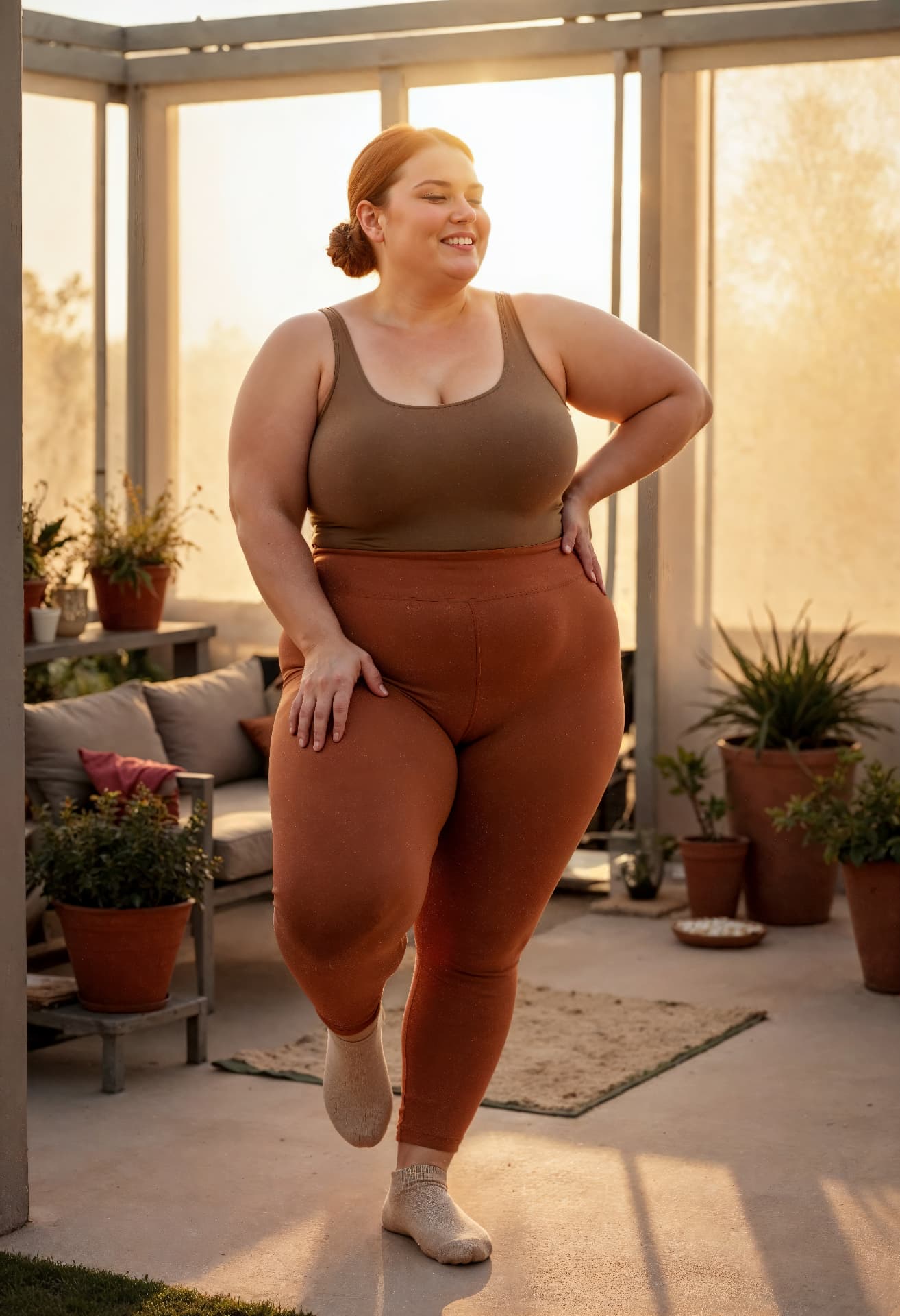 A woman moving through gentle exercise in warm afternoon light
