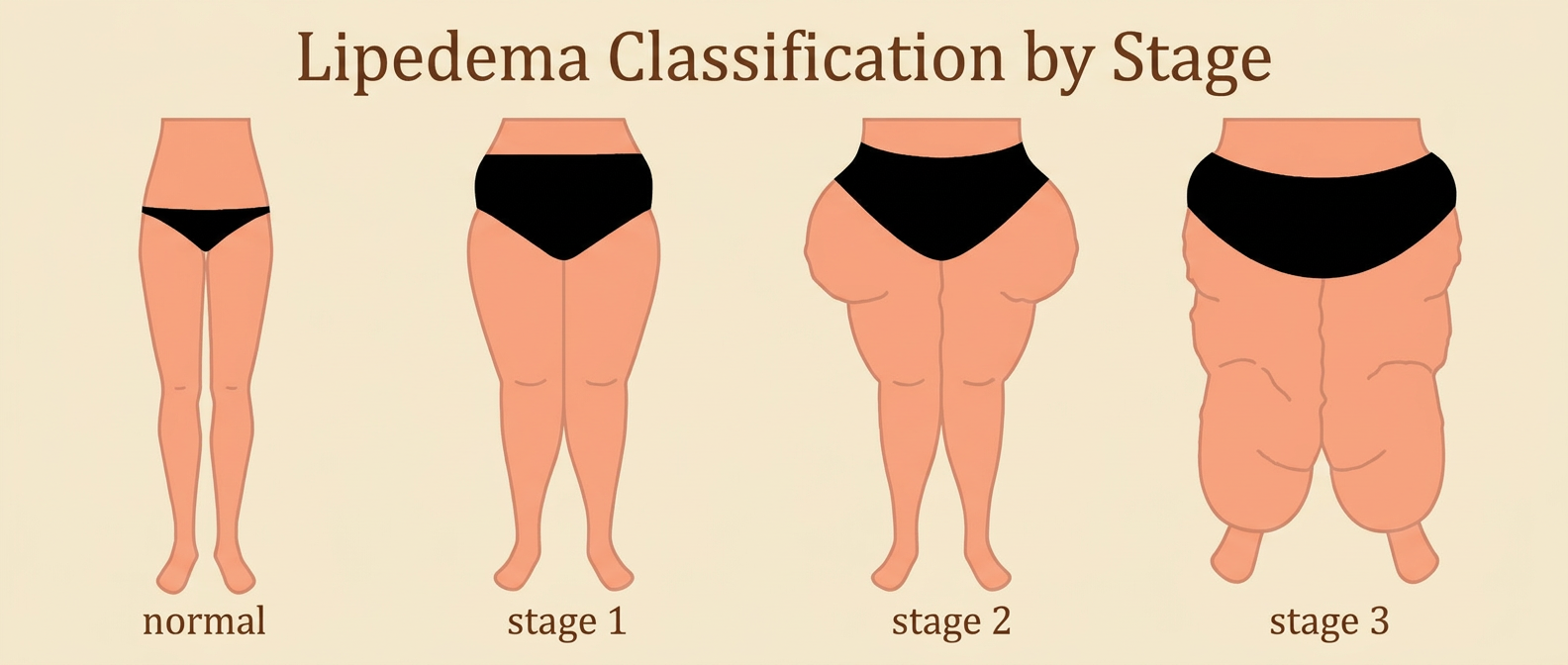 Chart comparing four sets of legs, from normal through stage 1, stage 2 and stage 3 lipedema, with increasing fat build-up between the waist and ankles